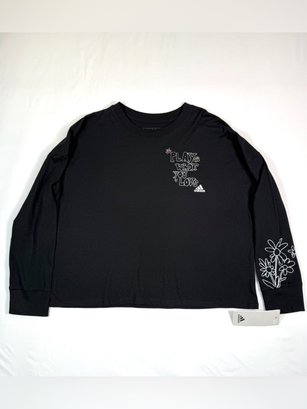 NWT ADIDAS Girls Long Sleeve Graphic Tee Size M 10/12 Black Play What You Love
